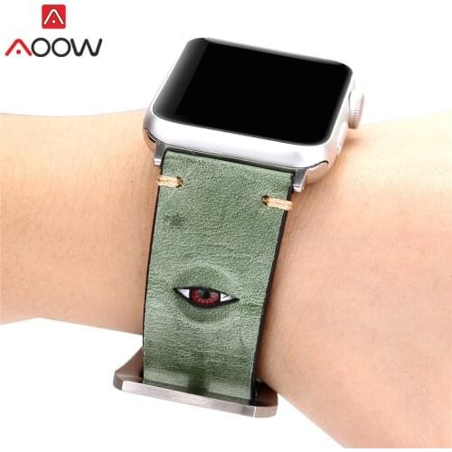 Green Genuine Leather Watchband for Apple Watch 40mm 44mm 38mm 42mm Eyes Deco Replacement Bracelet Strap Band for iWatch 1 2 3 4