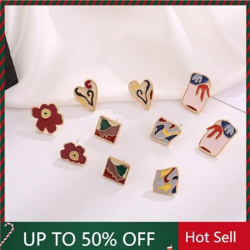 Earrings 2021 Trend Ethnic Style Earrings Literary Retro Ear Studs Love Contrast Color Simple Earrings for Women Jewelry Earrin