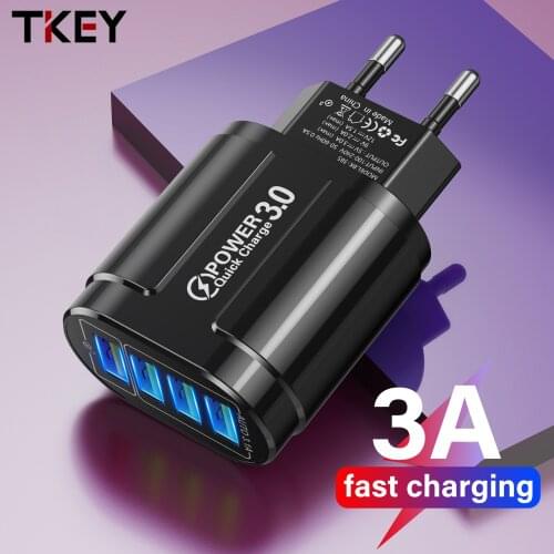 TKEY 4 Port 48W 3A Mobile Phone Fast Charger For iPhone 12 Wall USB Glow Charger EU/US Plug Adapter for Samsung Huawei Charger