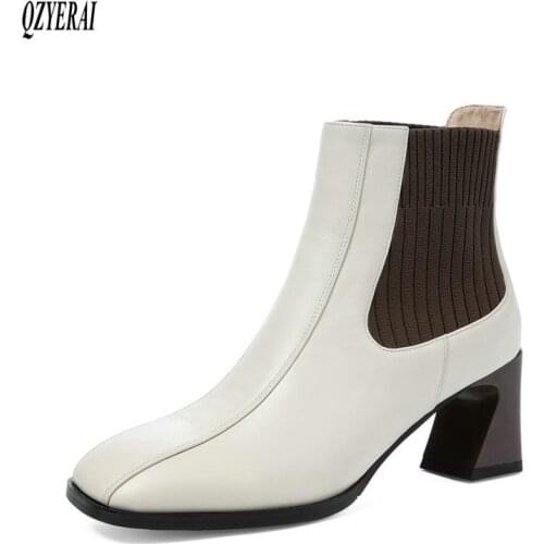 QZYERAI New winter genuine leather ankle Women boots Short boots High heels Chelsea Female boots Women shoes cowhide Size 34-43
