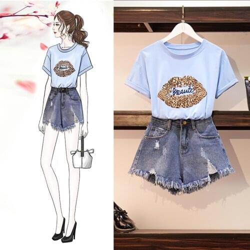 2020 Summer korean sets women New Print Short Sleeve T-shirt and Hole Jeans Shorts set Women Casual 2 Piece Set