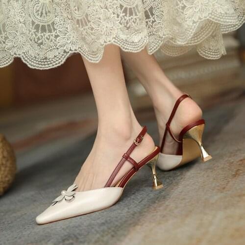 QZYERAI 2021 New Summer Genuine Leather Women Sandals High Heels Cowhide Flowers Sandals Wedding Party Shoes Pumps