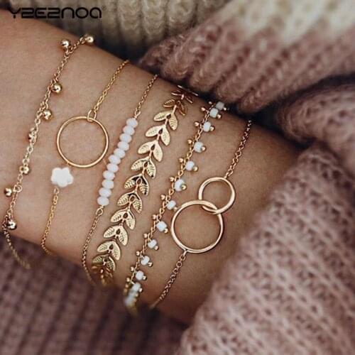 Bohemian Beads Chain Bracelets Bangles For Women Fashion Vintage Heart Leaf Gold Color Chain Bracelets Sets Jewelry