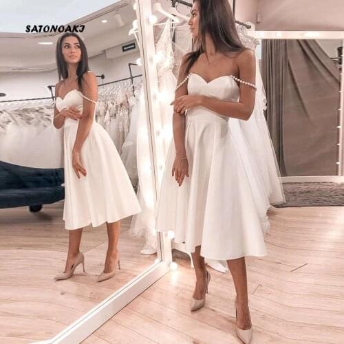 Sexy Short Satin Wedding Dress for Women A-Line Off the Shoulder Pearls Tea Length Robe De Mariee Vestido Novia Corto Undefined
