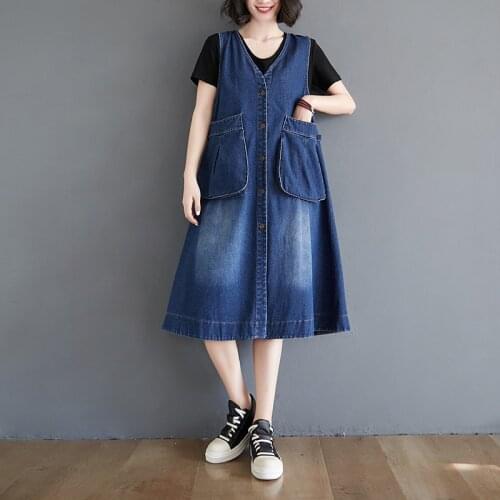 #2480 Spring Summer Denim Dress Women V Neck Sleevelsss Tank Top Dresses Single Breasted A-line Midi Dress Female Big Pockets