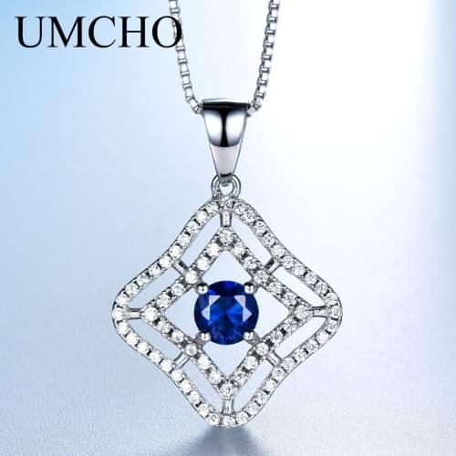 UMCHO 925 Sterling Silver Necklaces & Pendants Luxury Created Blue Gemstone Necklace For Women Anniversary Gifts With Box Chain