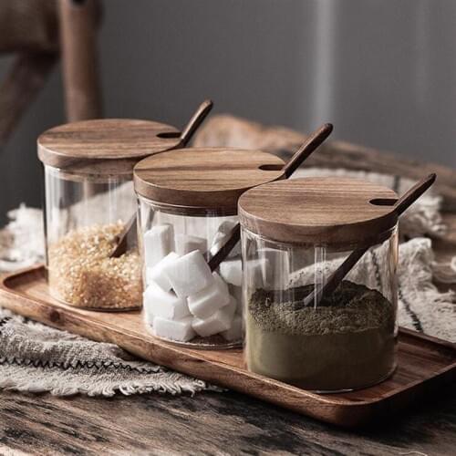 1pc Kitchen Seasoning Storage Tank Nordic Style Glass Salt Container Salt Sugar Bowl With Lid And Spoon Spice Storage Jar