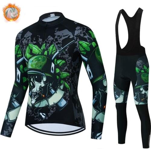 2021 Skull Pattern Winter Cycling Clothes Jersey Suit Sport Riding Bike MTB Men Thermal Fleece Cycling Clothings Bib Pants Set