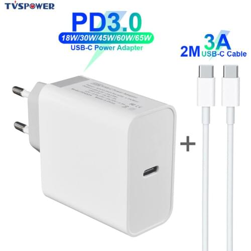 USB-C Power Adapter 18W 30W 45W 60W 65W QC3.0 PD3.0 Charger Cable For xiaomi USB-C Laptop MacBook Pro/Air iphone 11 pro iPad S10