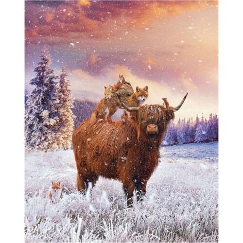 5D DIY Full Round Diamond Painting Highland Cattle & Fox 3D Embroidery Cross Stitch Rhinestone Mosaic Home Dector Gift Y569