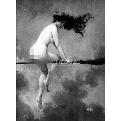 5D DIY Diamond Painting Witch Riding Broomstick Vintage Poster Wall Art Canvas Witch Broom Gothic Halloween Black White DF130