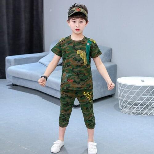 Kids boys sports suit camouflage 2pcs cotton short-sleeved T-shirt five pants summer new big virgin suit
