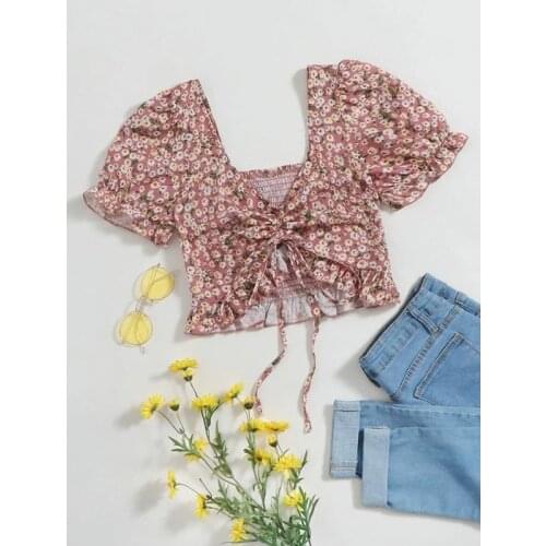 FOCUSNORM 1-6Y Summer Kids Girls Clothes Sets 2pcs Flowers Printed Bow Off Shoulder T Shirts Denim Pants