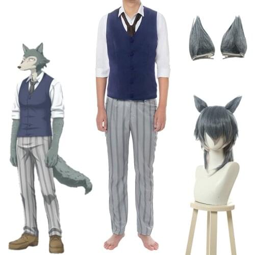 Anime BEASTARS Cosplay Costumes Legoshi Costume Men White Shirt Blue Vest Tie Pants Cosplay Costumes Wig Halloween Party Suit