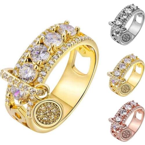 Creative Metal Disc Charm Hollow Band Cubic Zircon Rhinestone Ring Women Jewelry
