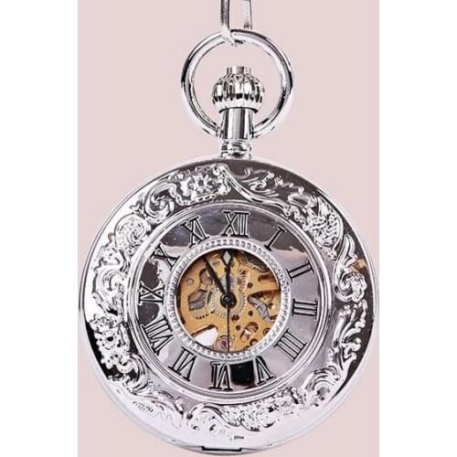 Automatic mechanical pocket watch silver Hollow out Roman cowboy chain man gift steam punk pocket watches PP20