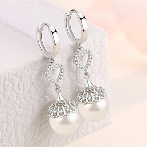 Trendy Lady Pearl Earrings Silver 925 Women Drop Accessories Shiny Zircon Heart Hoops Earrings Girls Jewelry For Christmas Gift