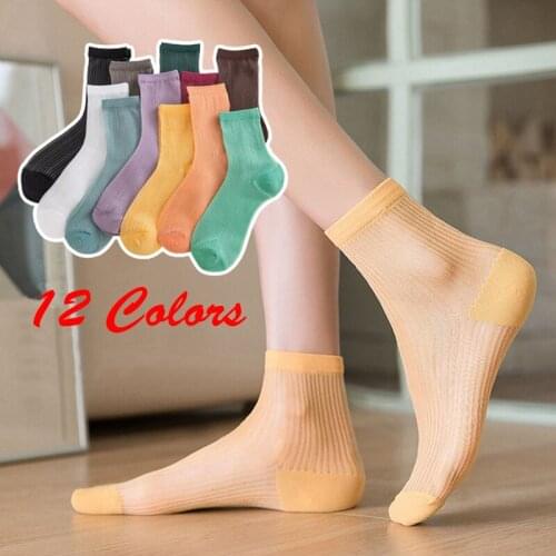 1 Pair Women Solid Colors Thin Elastic Socks Summer Non-Slip Sheer Mesh Socks Harajuku Transparent Breathable Nylon Middle Socks