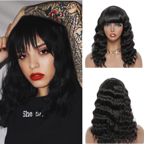 18 inch Body Wave Human Hair Wigs with Bangs Brazilian Remy Wig Loose for Black Women 130% Full Machine Made Wigs-Natural Color