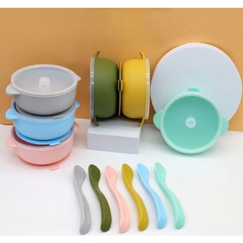 28EC 2 Pcs BPA Free Silicone Waterproof Baby Suction Bowl with Lid Training Spoon Set Non-Slip Learning Feeding Food Dish