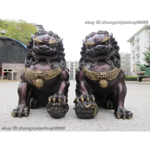 Animal head real pure Brass statues Red Copper Evil Guardian sculpture for home Door Fu Foo Dog Lion Pair Garden Decoration