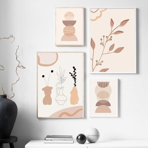 Vintage Sun Moon Leaf Line Vase Wall Art Canvas Painting Nordic Posters And Prints Wall Pictures For Living Room Geometric Decor