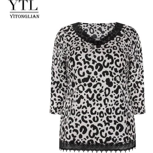 YTL 3/4 Sleeve Cotton Plus Size V-neck T-shirt Leopard Blouse Lace Patchwork Elegant Maxi Tops Casual Tee W035