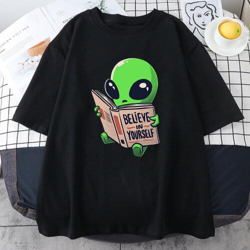 Green Alien Prints Believe In Yourself Men Tops Harajuku Oversized Sportswear Anime Loose Tshirts Fashion Casual Mens T Shirts