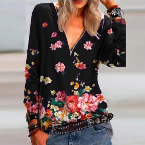 Fashion Floral Print Zipper V-neck Casual T-shirt 2021 Loose Long Sleeve Ladies Streetwear Pullover Spring Autumn Fashion Tops