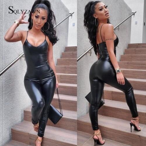 Solid Black PU Leather Clubwear Bodycon Jumpsuit Women V-neck Backless Strapless Sexy Skinny Jumpsuit Summer Tracksuit Rompers