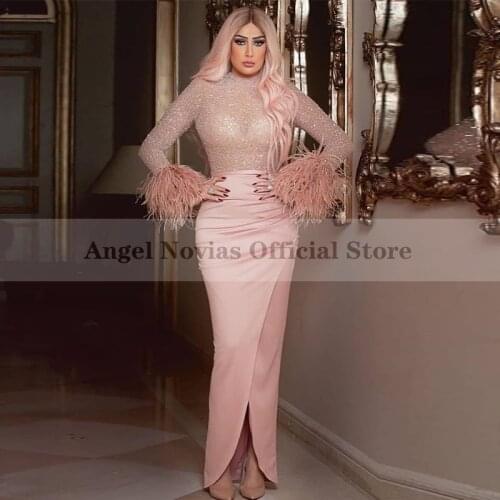 Long Sleeve Pink High Neck Muslim Arabic Evening Dresses 2021 Satin Sweep Train Prom Gown Vestido De Fiesta