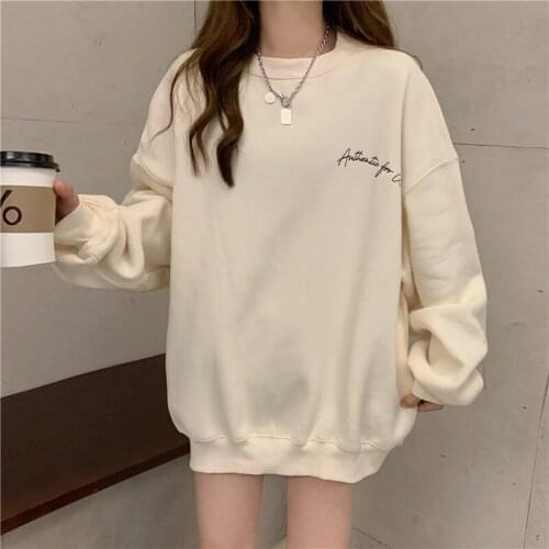 Winter Womens Hoodies Rabbit Fur Plus Velvet Mid-length Loose Korean Casual Commuter Printing Threaded Long-sleeved Clothes
