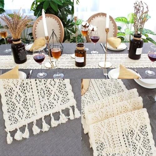 Lace Table Runner Beige Crochet with Tassel Cotton Wedding Decor Hollow Tablecloth Nordic Romance 24*140/160/180/200cm 1pc