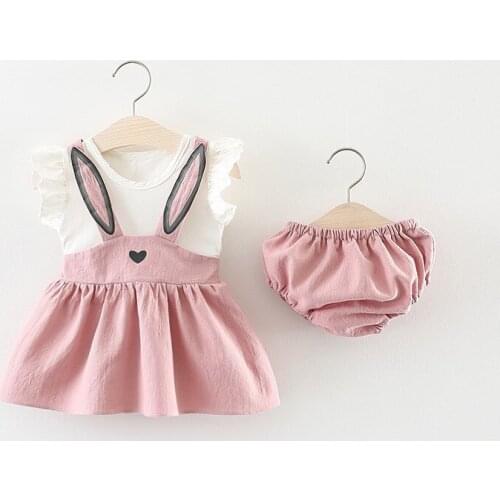 2Pcs/set Baby Girl Summer O-neck Cotton Cartoon Rabbit Pattern Dress Toddler Girls Cute Casual +Brief Set Dresses