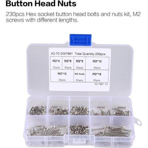 230PCS M2 Hex Socket Button Head Bolt Screw Thread For Wood Insert Furniture Nuts Assortment Bolt Fastener Stainless Steel