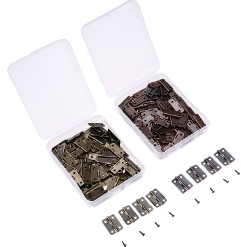 50Pcs 25*18mm Iron Jewelry Wood Boxes Cabinet Door Furniture Hinges Set Mini Decorative Hinge with Storage Box & 200Pcs Screws