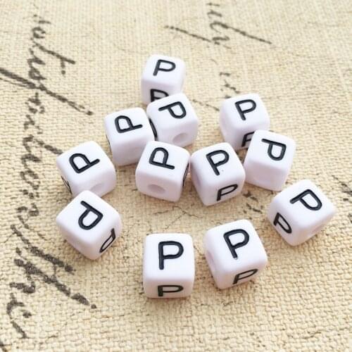 550PCS Single Letter P Printing Acrylic White Cube Beads 10*10MM Plastic Alphabet Single English Initial Jewelry Loose Beads