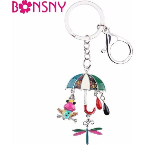 Bonsny Animal Enamel umbrella Frog Dragonfly RAIN Key Chain Women Keyrings Gift HandBag Charms Keychain Car key Charms Jewelry