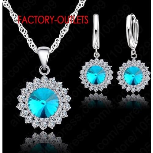Pure 925 With Cubic Zircon Sun Flower Pendant Necklace+Lever Back Earring Woman Party Jewelry Sets
