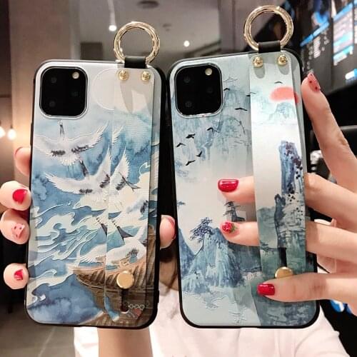 Phone Holder Case For iphone 12 Mini 11 Pro max Retro Pattern Case For iphone XR X Xs max 7 8 6 6s plus Wrist Strap Phone Cases
