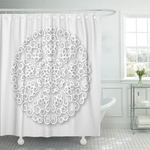 Indian Openwork Mandala Pattern for Laser Plotter Cutting Ornate Shower Curtain Waterproof Fabric 72 x 72 Inches Set with Hooks