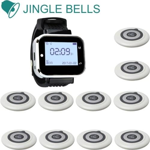 JINGLE BELLS 10 Calling Buttons+1 Watch pager Receiver Wireless Service Call Bells Wireless Restaurant Guest Calling Systems