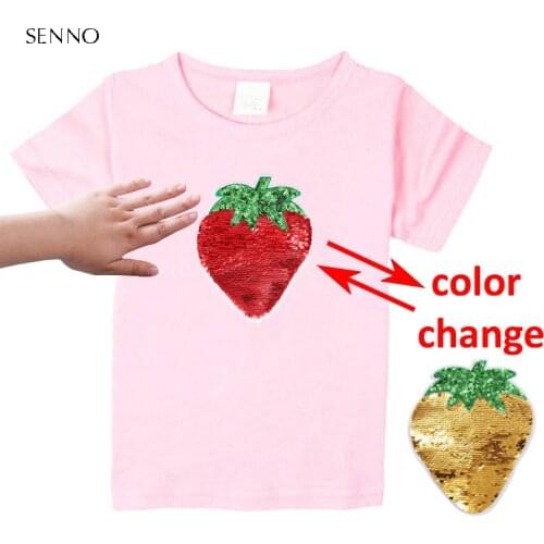 Strawberry Color Change Girls T-Shirts Kids T-Shirt With Sequin Reversible Sequin Girls T Shirt Kids Teen Glitter Flash T Shirt