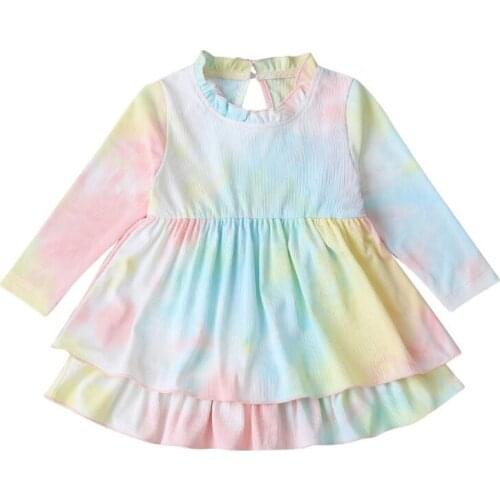 Girls Sweet Tie-dye Long Sleeve Waist Kids Cake Dress Princess Baby Birthday Halloween Costume Infant Party Casual Dress Hot