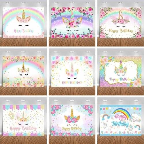 Mocsicka Unicorn Happy Birthday Backdrop for Photography Rainbow Flower Glitter Birthday Party Photo Background Photocall Studio