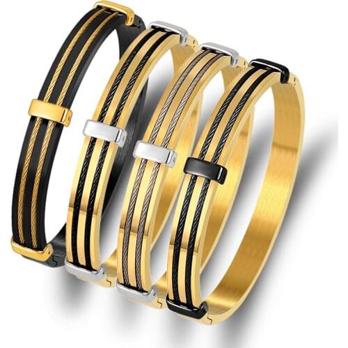 Gothic Black Gold Color Wire Cable Bracelets Bangles Men Jewelry Stainless Steel Boy Punk Twist Bangle Fathers Day Gift