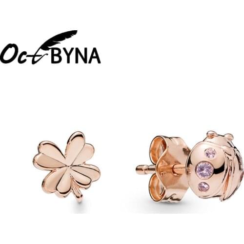 Octbyna Popular Rose Gold Crystal Ladybug Stud Earring lucky Grass Pan Stud Earrings For Women Child Party Gift Jewelry