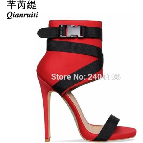 Qianruiti Faux Suede Buckle Strap Sandals Women Summer Runway Shoes Female Sexy Thin High Heels Peep Toe Stiletto Ankle Boots