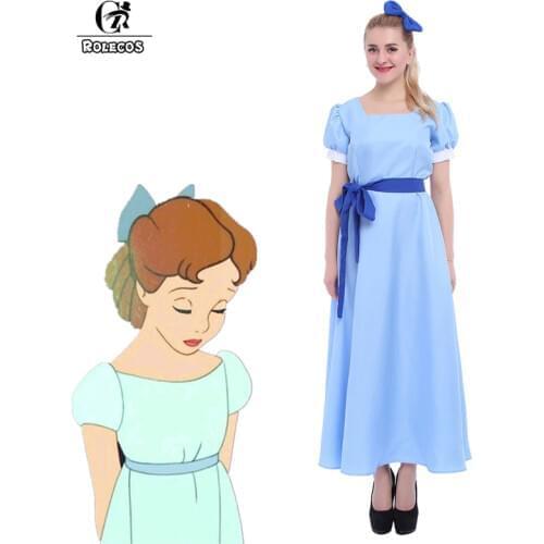 ROLECOS Anime Peter Pan Cosplay Costumes Peter Pan Wendy Costume Blue Dress with Bow-tie for Women Cosplay Costume