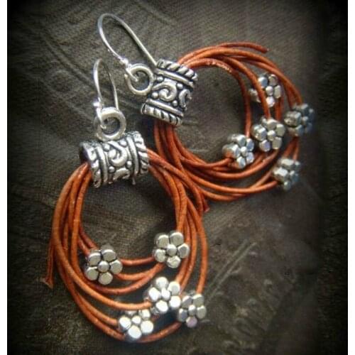 Light brown leather hoop earrings Bohemian earrings